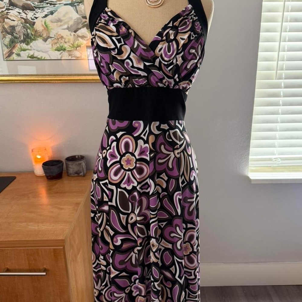 Dorby Vintage Y2K Purple Floral Halter Midi Dress Womens 12 Flowy Occasion Dress